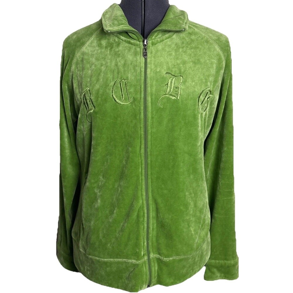 90s Y2K BCBG Maxazaria Mock Neck Velour Track Jacket Womens‎ Large Green